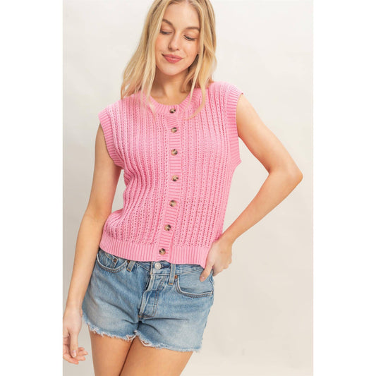 Ribbed Button Tank in Pink
