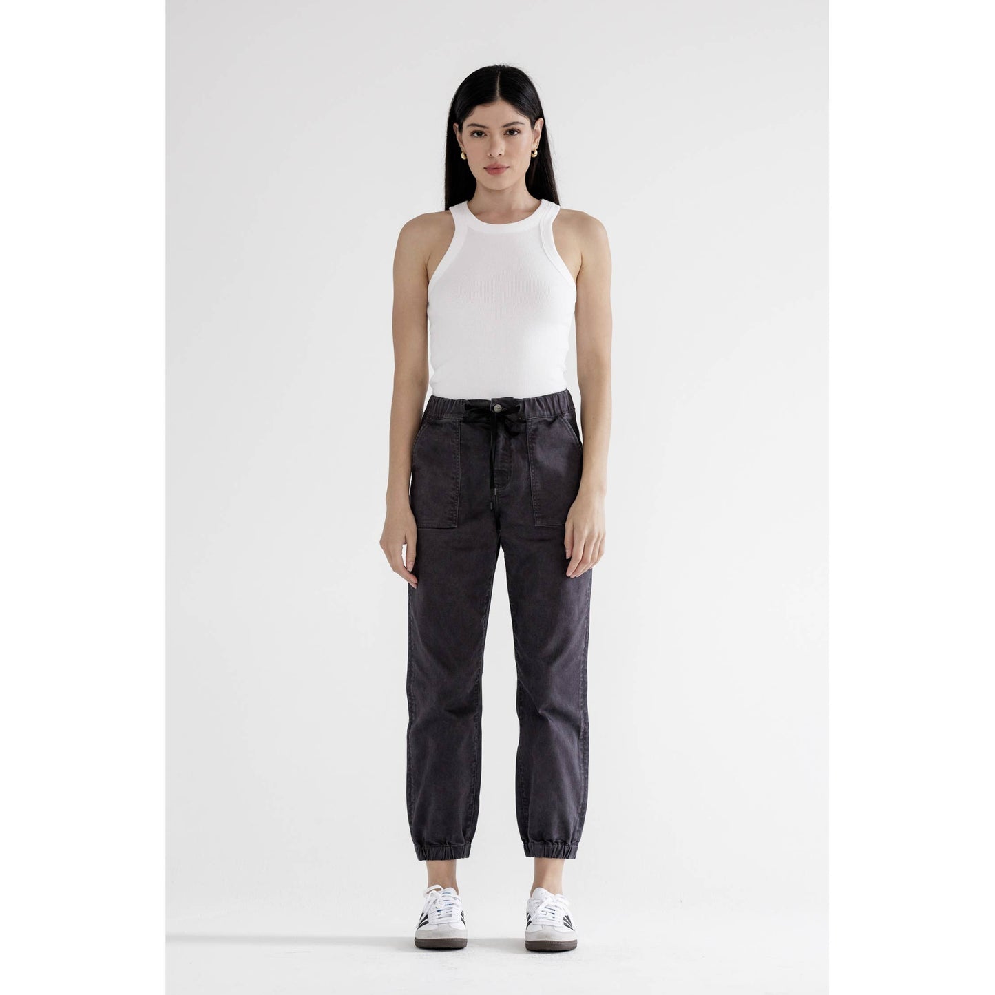 High Rise Cropped Denim Jogger in Charcoal Grey