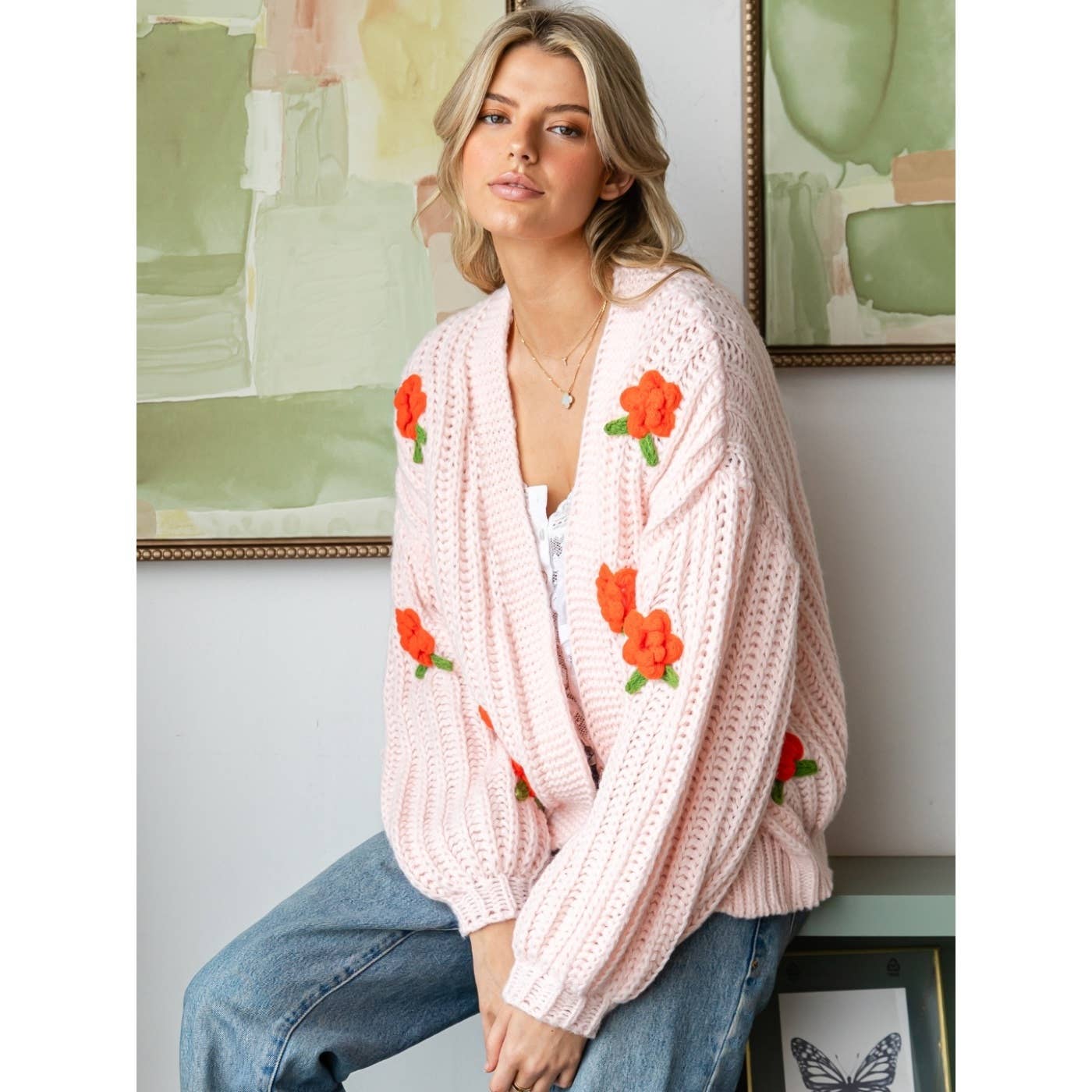 Flower Pom Cardigan in Salmon