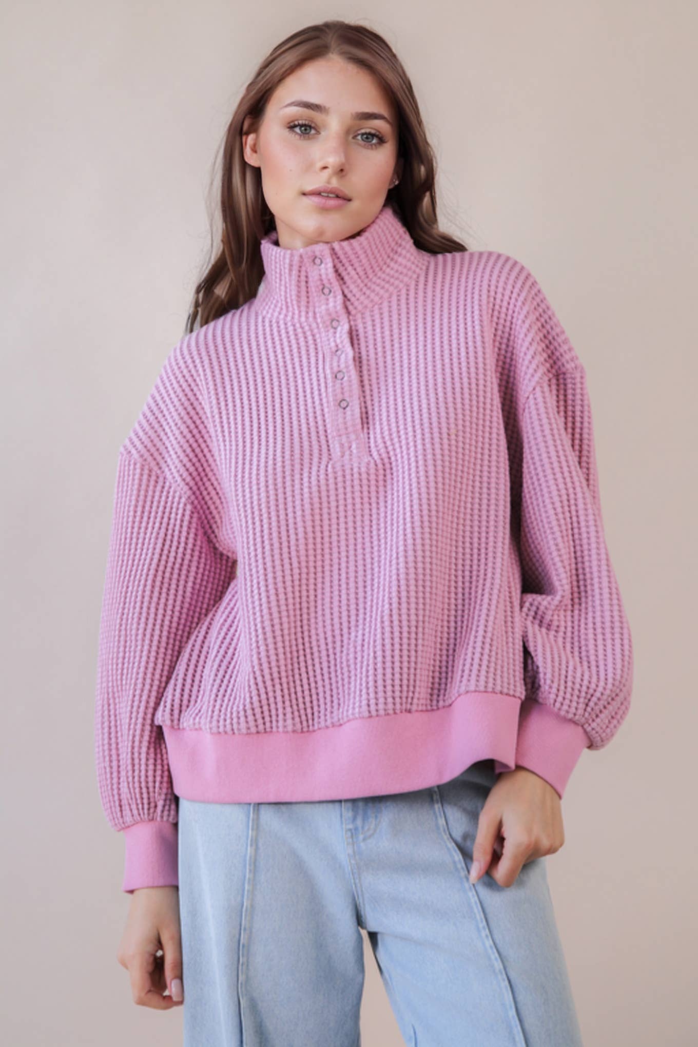 Oversized Button Waffle Top in Pink