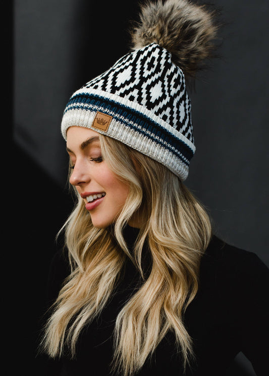 White, Black, Blue & Tan Patterned Pom Hat