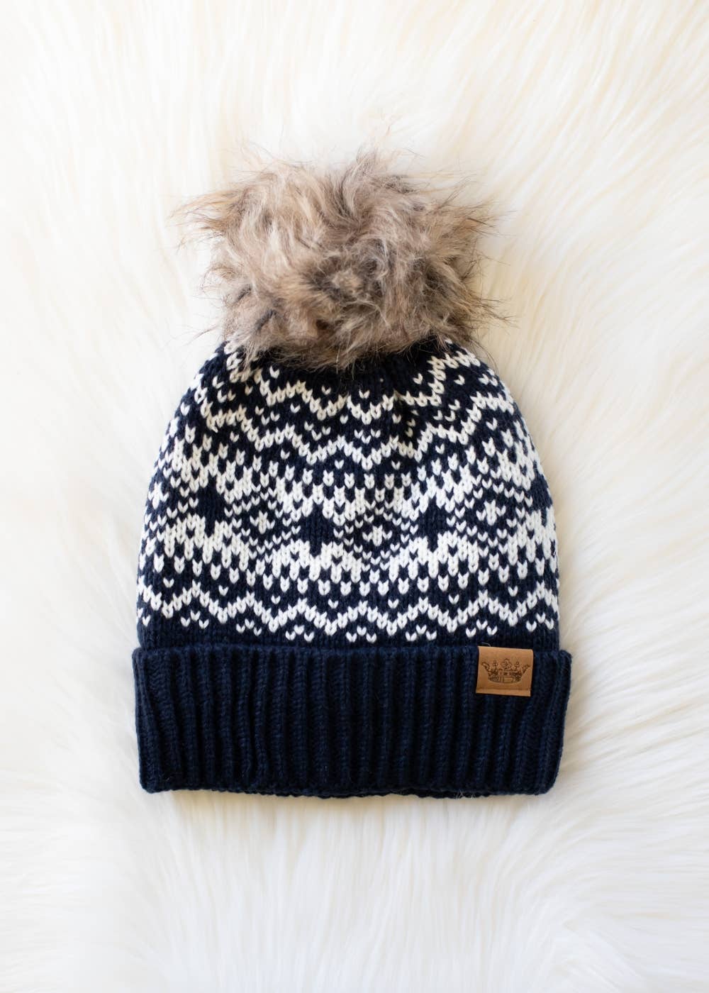Dark Navy & White Patterned Pom Hat