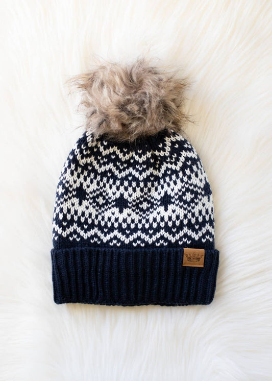 Dark Navy & White Patterned Pom Hat