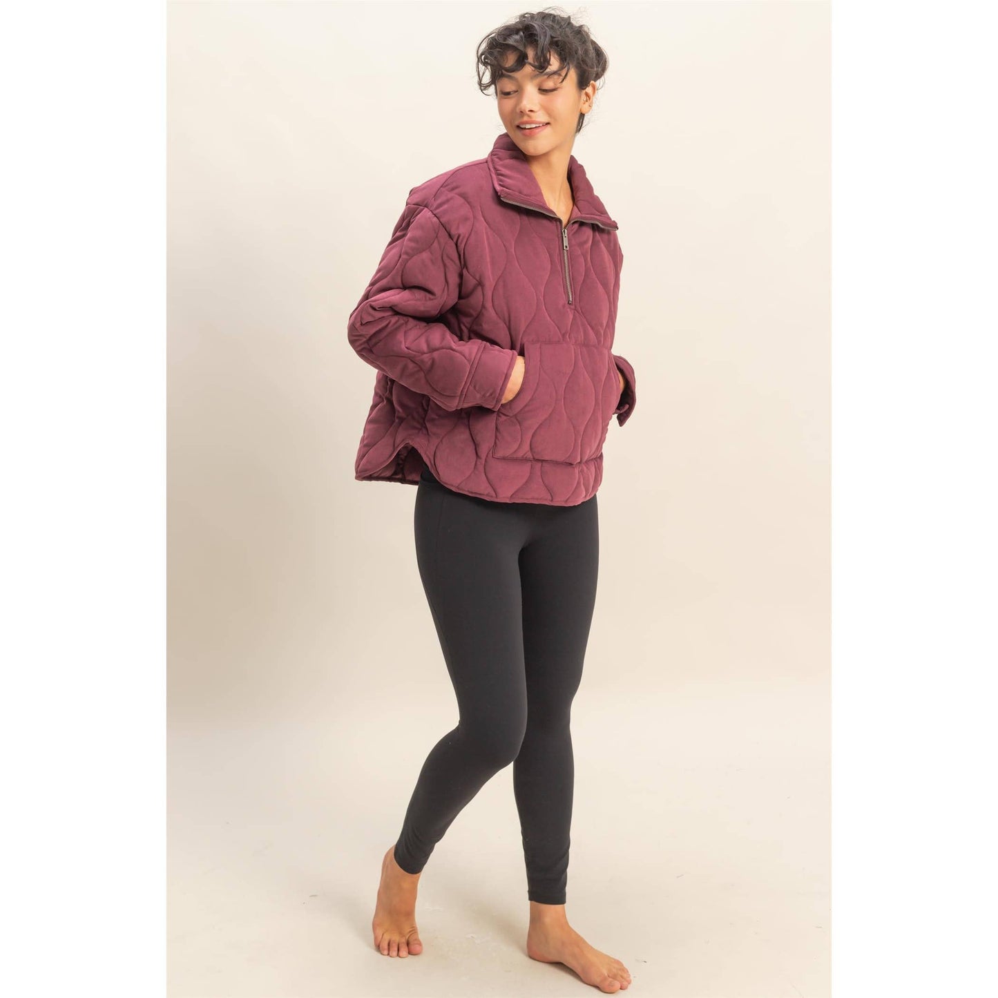 Quilted Half Zip Pullover in Dark Cherry