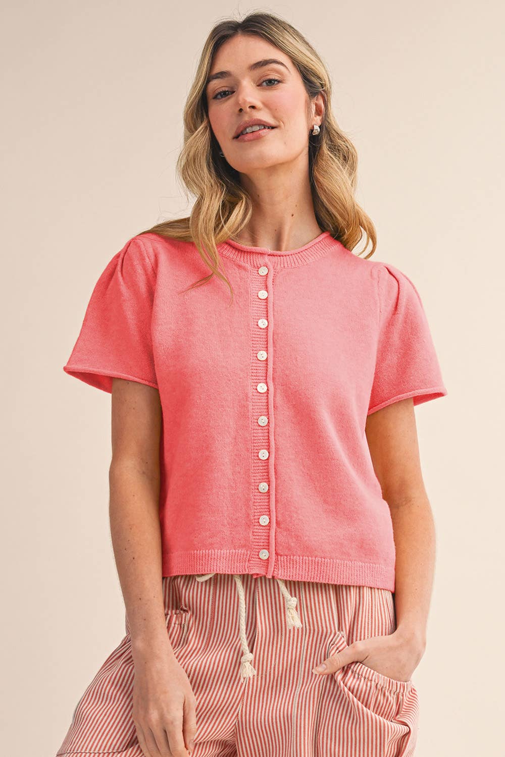 Short Sleeve Sweater Cardigan in Pink