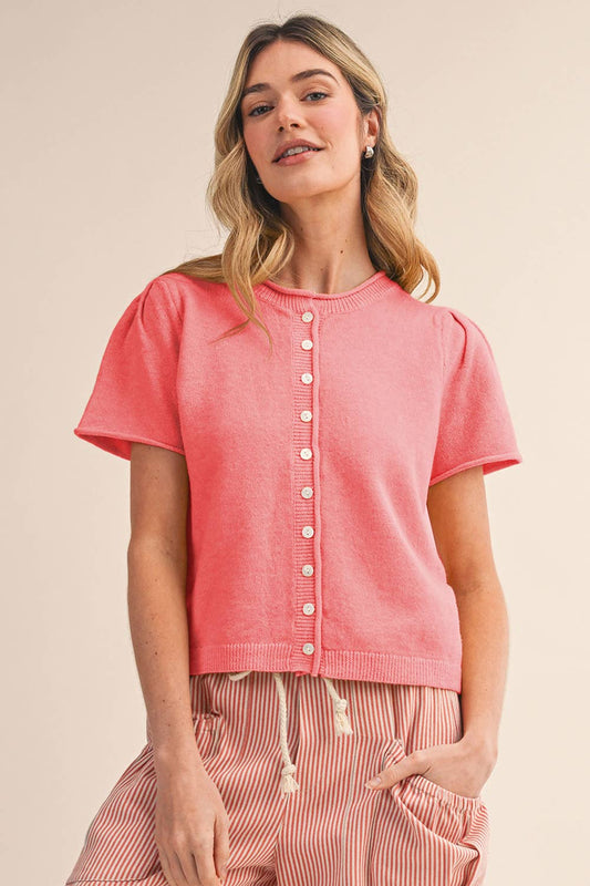 Short Sleeve Sweater Cardigan in Pink