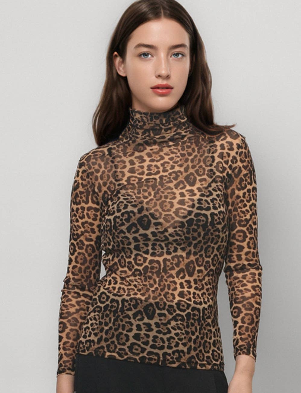 High Collar Mesh Top In Leopard