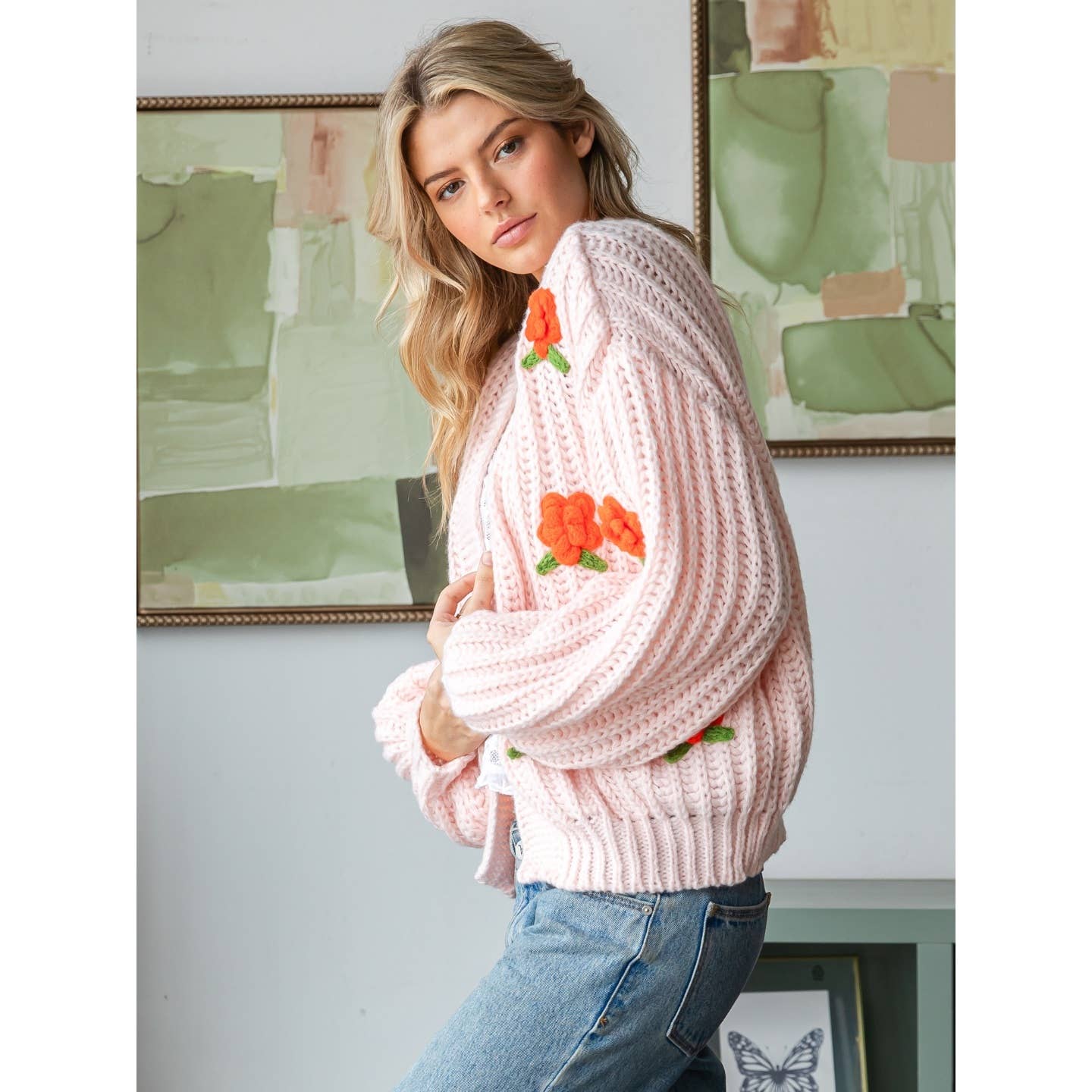 Flower Pom Cardigan in Salmon