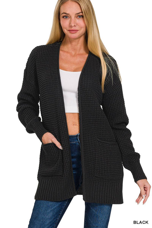 Open Waffle Cardigan in Black