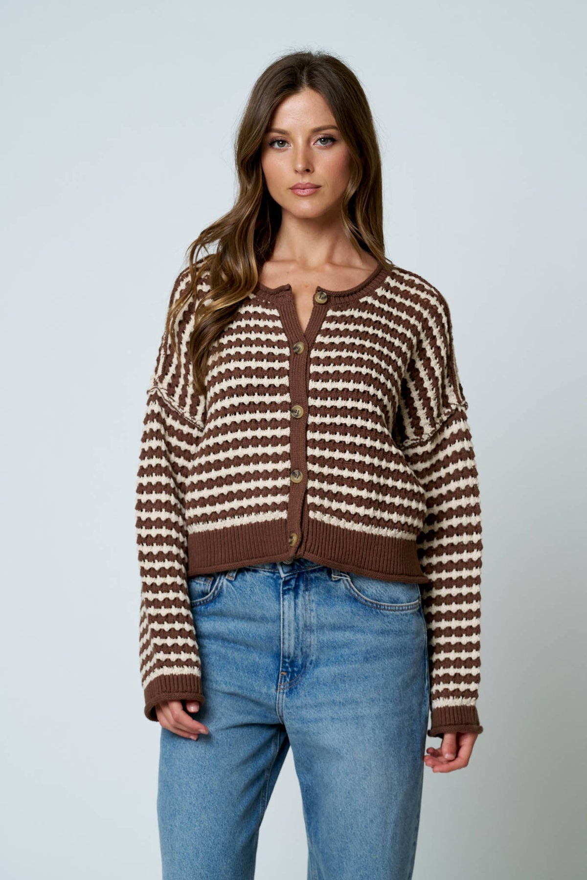 Textured Crochet Button Cardigan in Brown