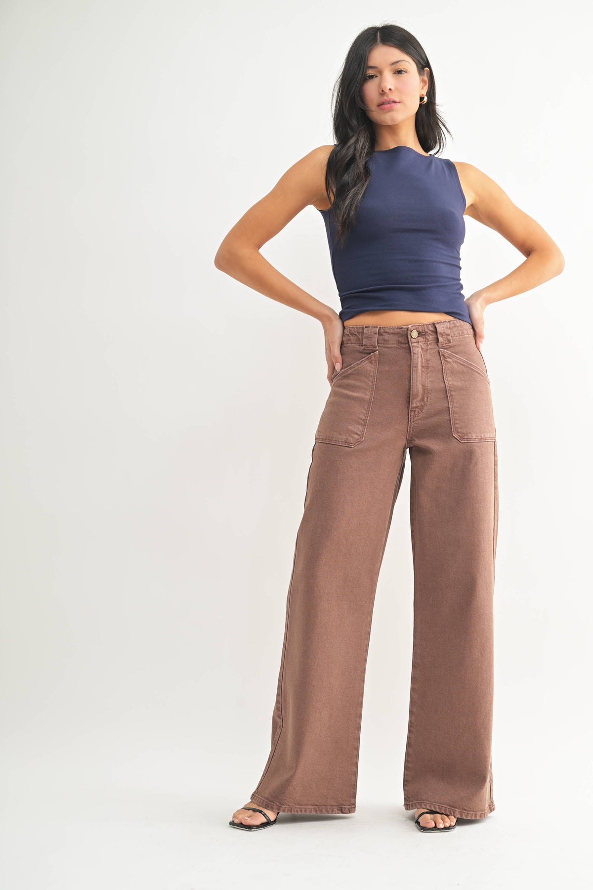 Patch Pocket Wide Leg Flare Denim in Brown