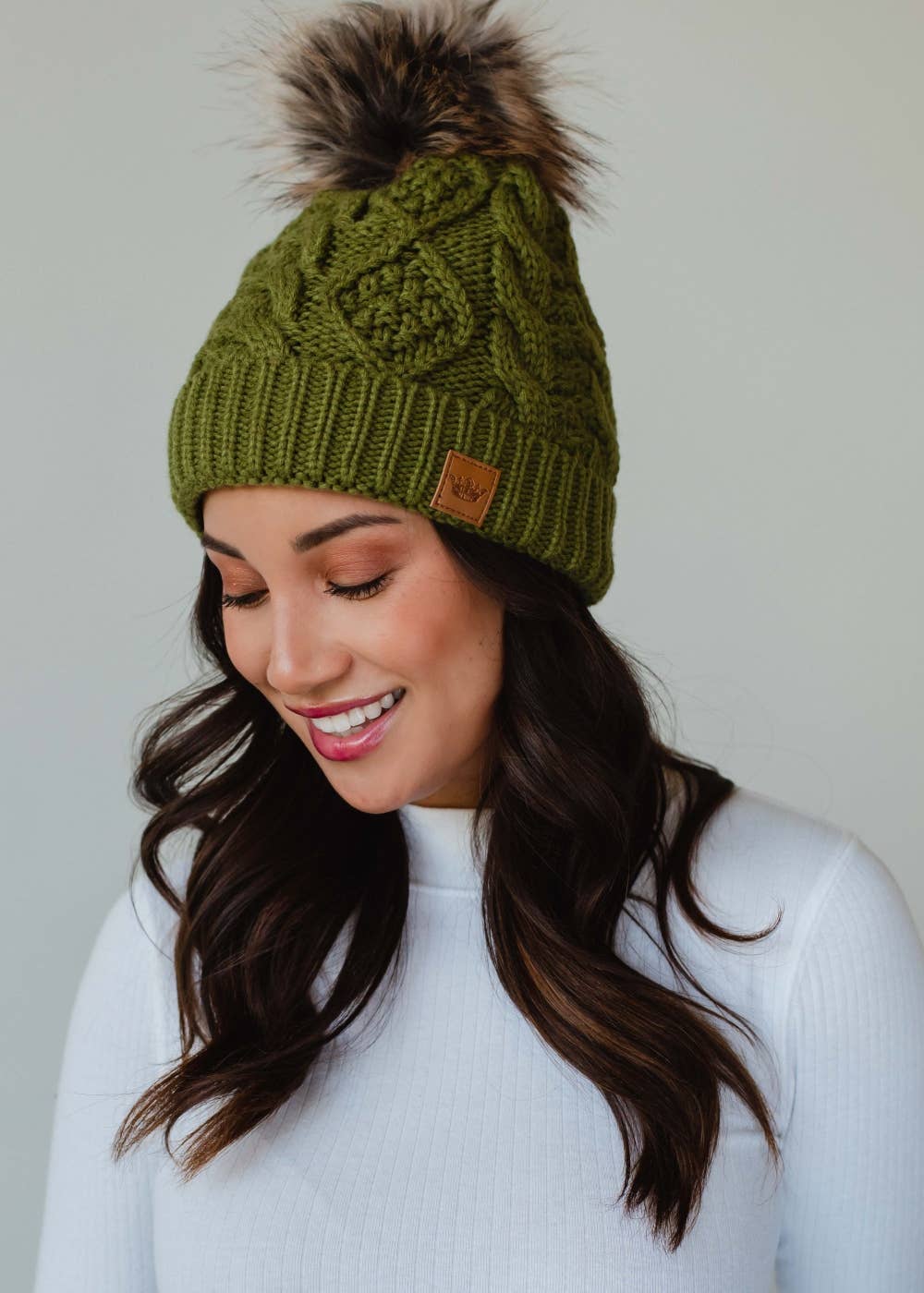 Olive Cable Knit Pom Hat
