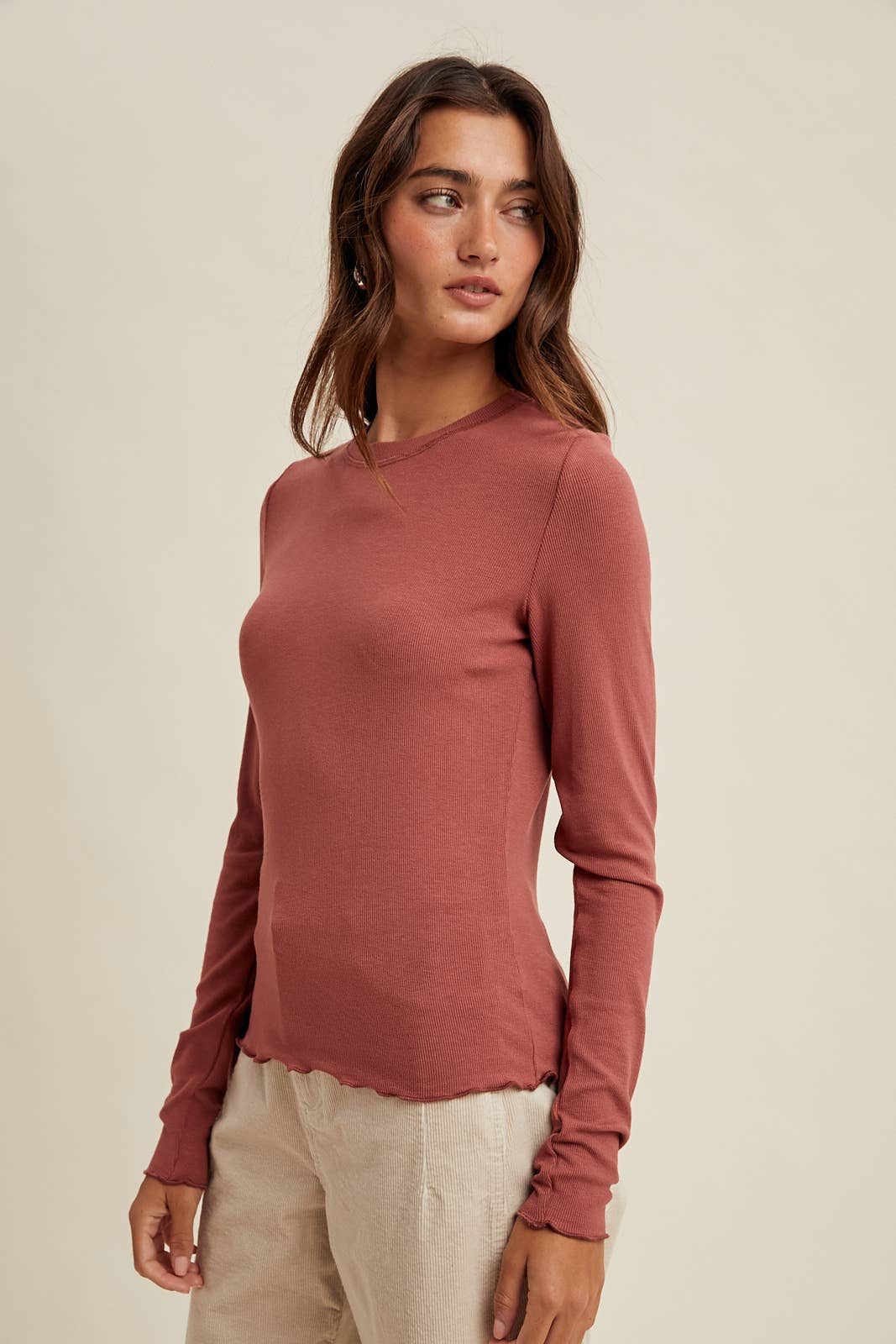 Basic Ribbed Long Sleeve Top in Sienna