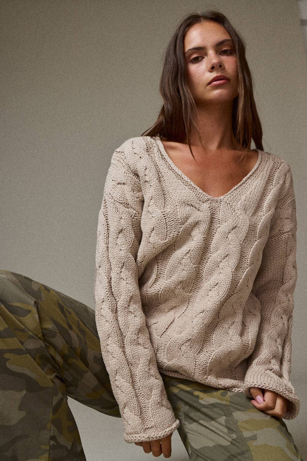 Cable Knit V Neck Sweater in Taupe