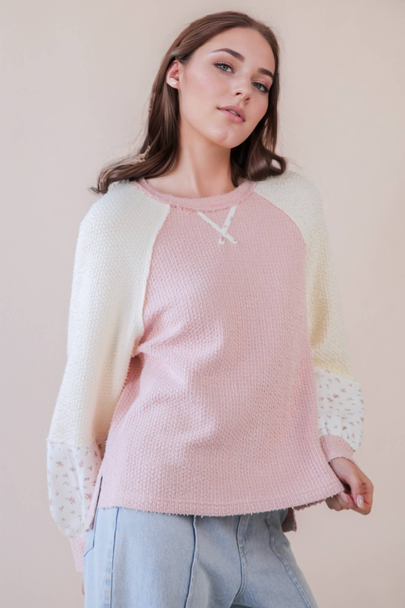 Raglan Color Block Textured Top in Pink