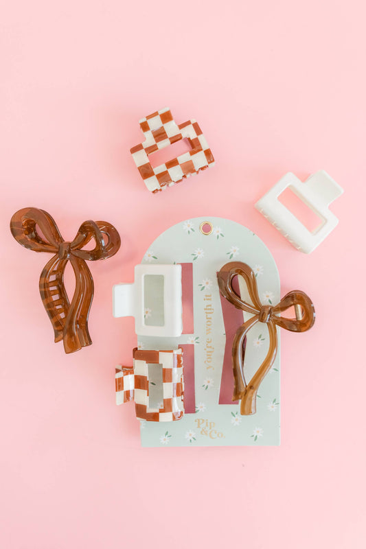 Hair Clip Set - Mocha Bow and Checkered