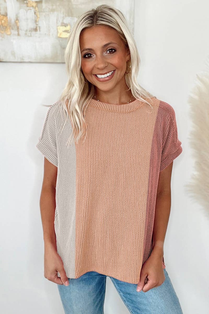 Ribbed Contrast Top in Orange