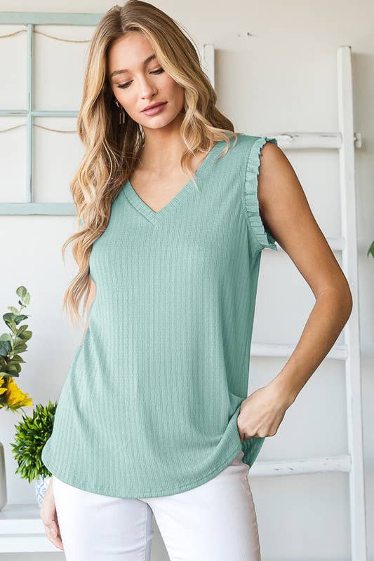 Ribbed Tank w/ Ruffle in Sage
