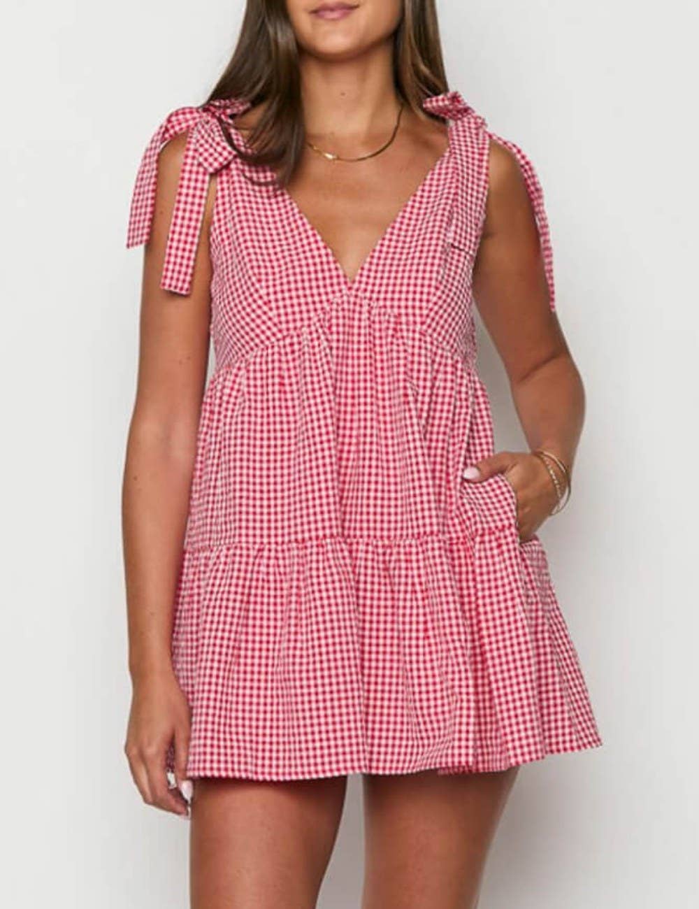 Plaid Tie Mini Dress in Red