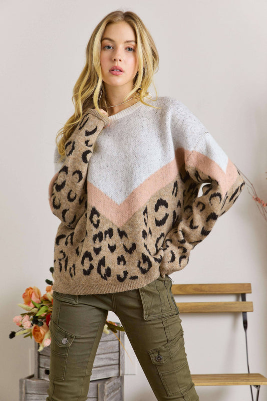 Leopard Colorblock Sweater in Mocha