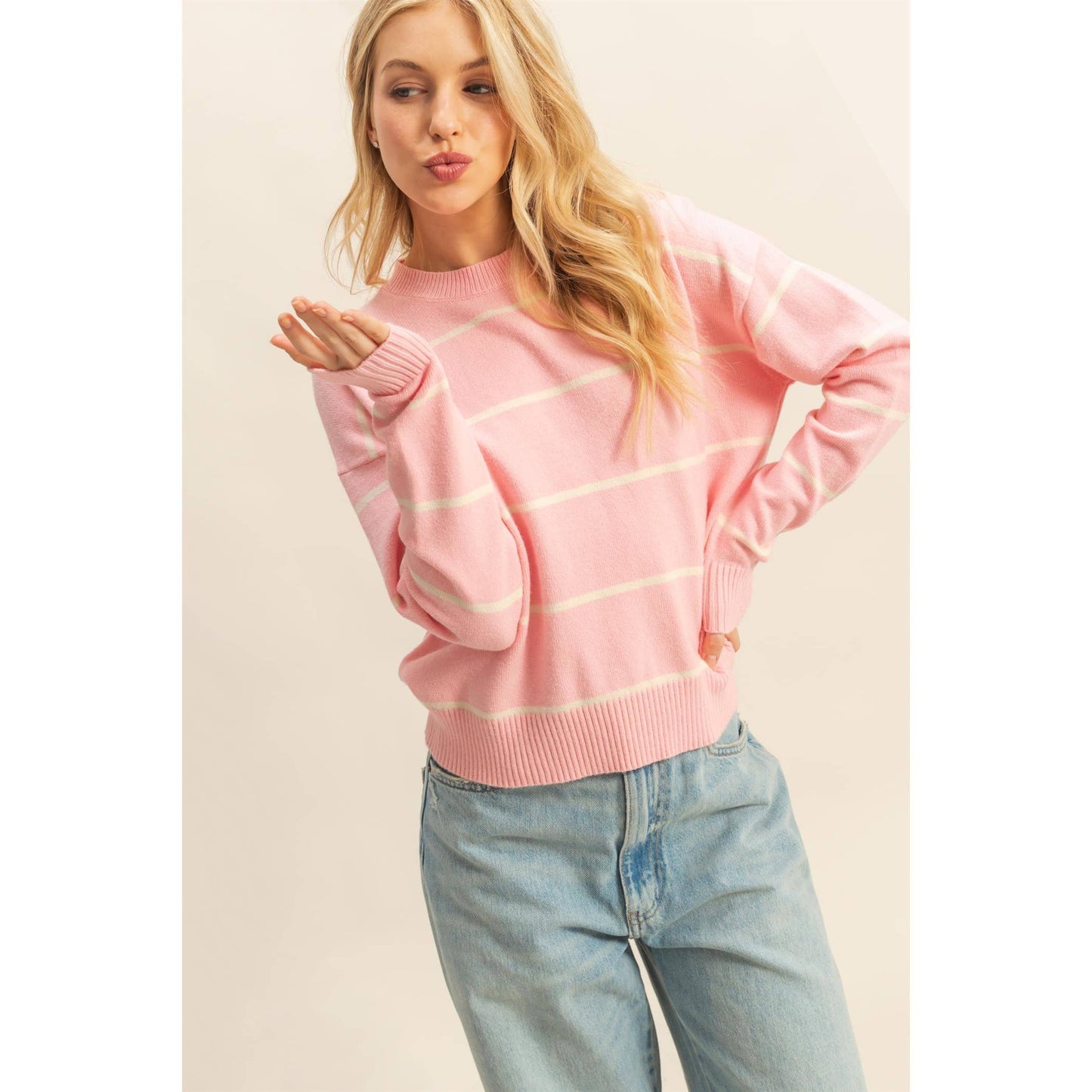 Striped Crew Sweater in Pink