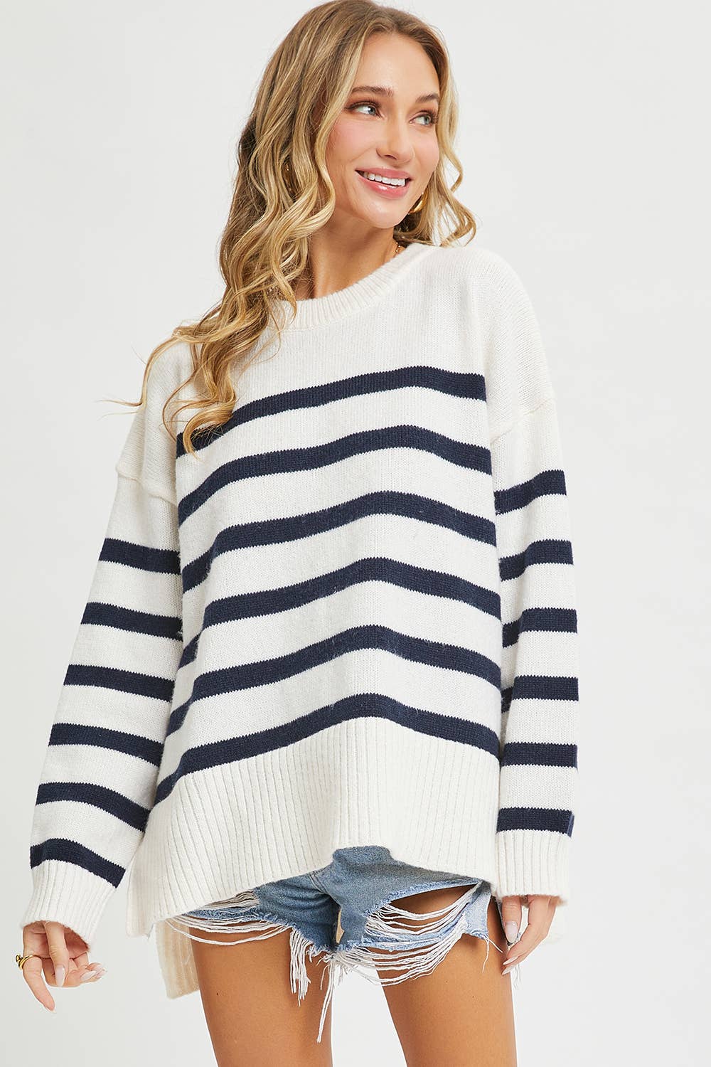 Striped Pullover Sweater in Cream/Navy