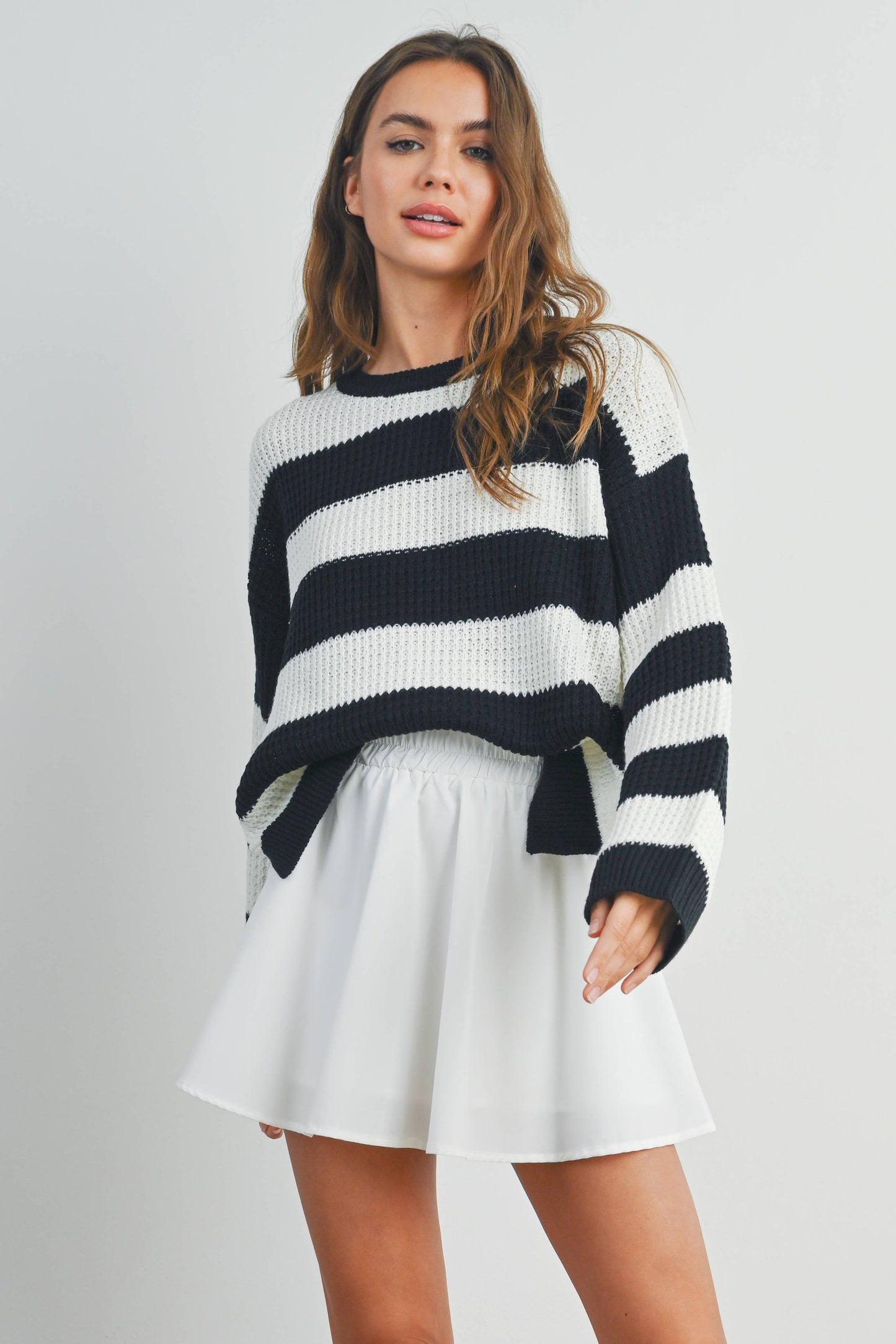 Striped Long Sleeve Sweater in Ivory/Black
