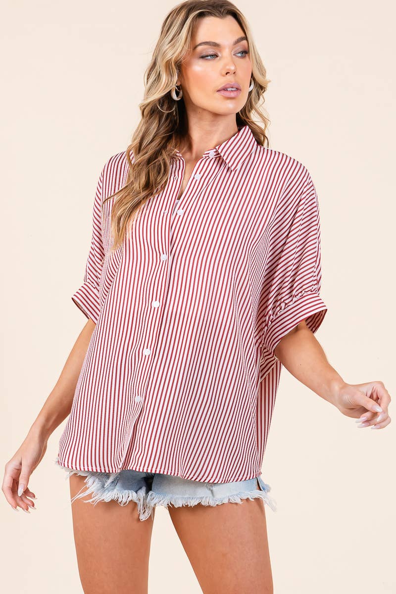 Oversized Short Sleeve Button Down Top in Red