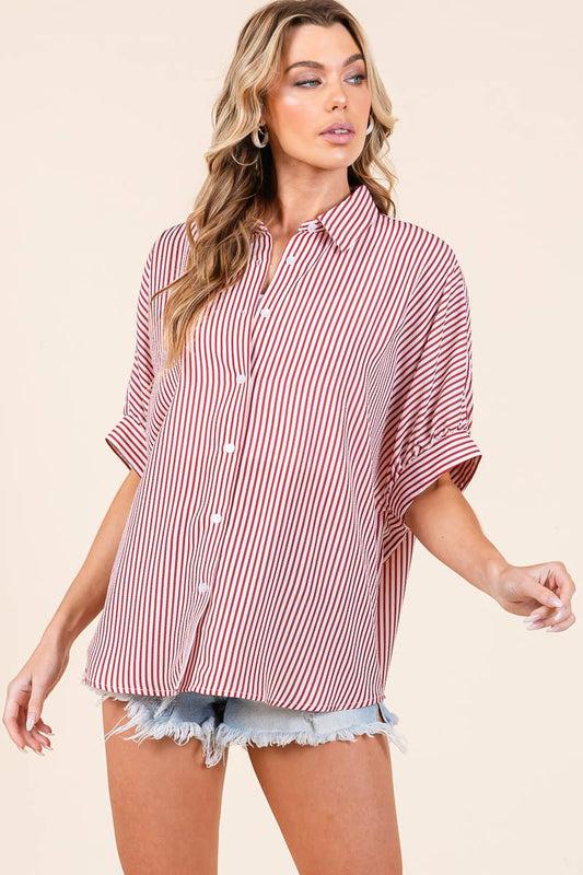Oversized Short Sleeve Button Down Top in Red