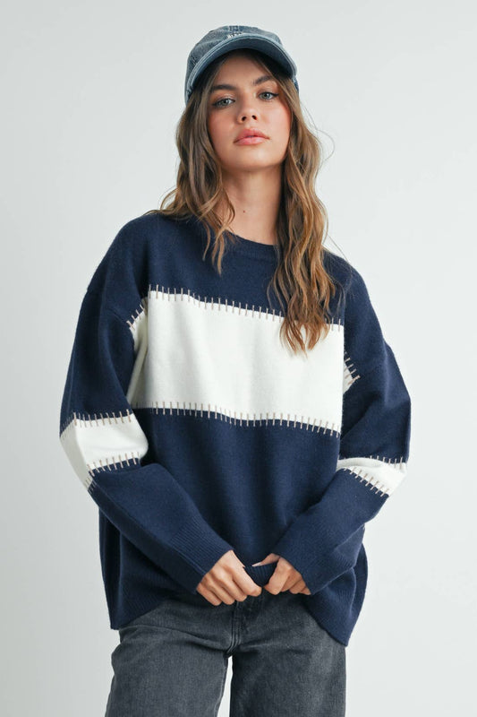 Colorblock Striped Sweater in Navy