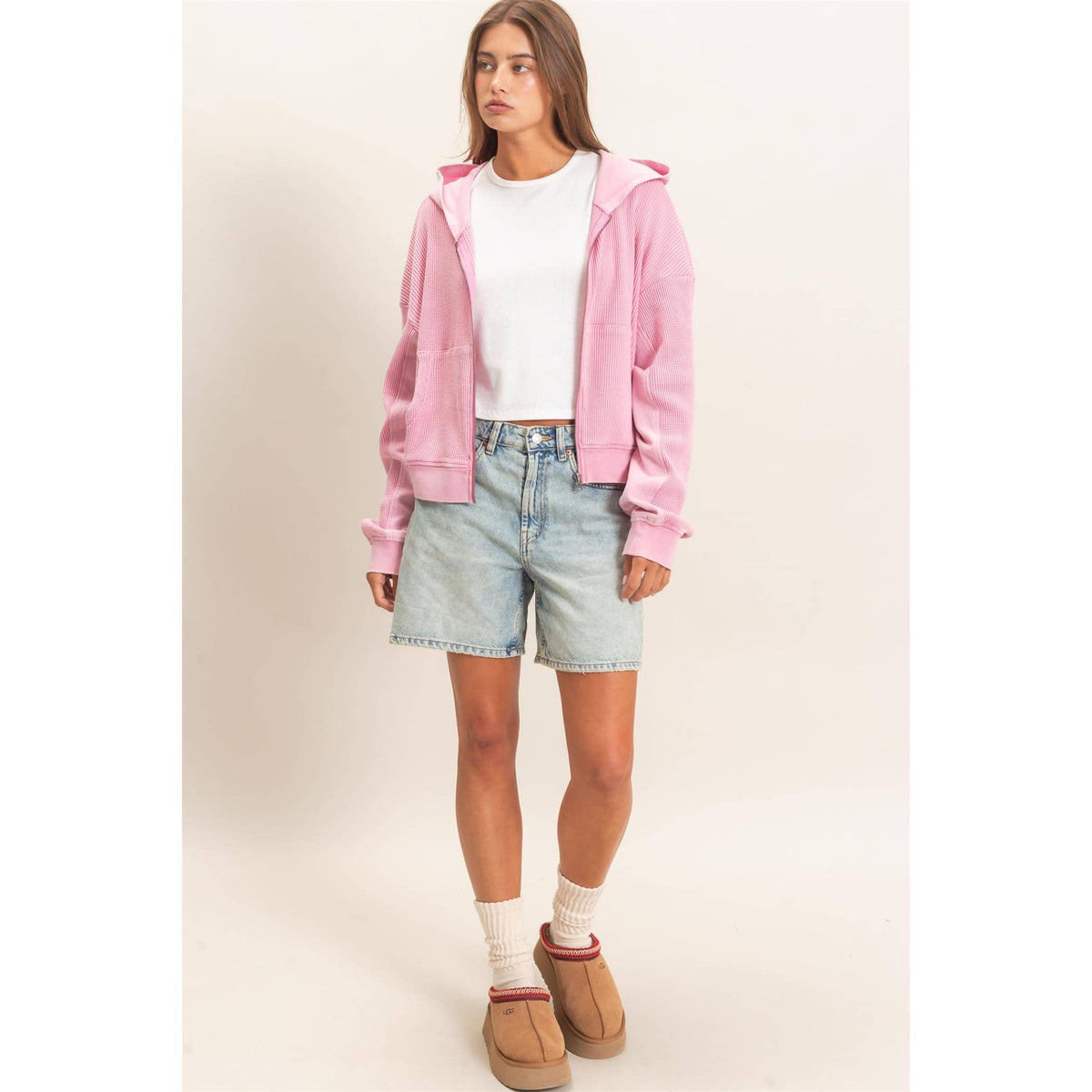 Acid Wash Waffle Knit Hoodie in Pink