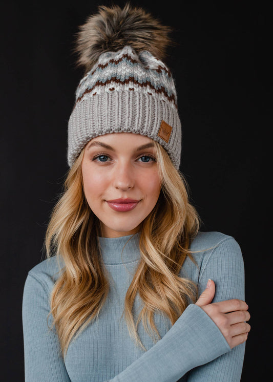 Taupe, Brown & White Winter Pattern Pom Hat