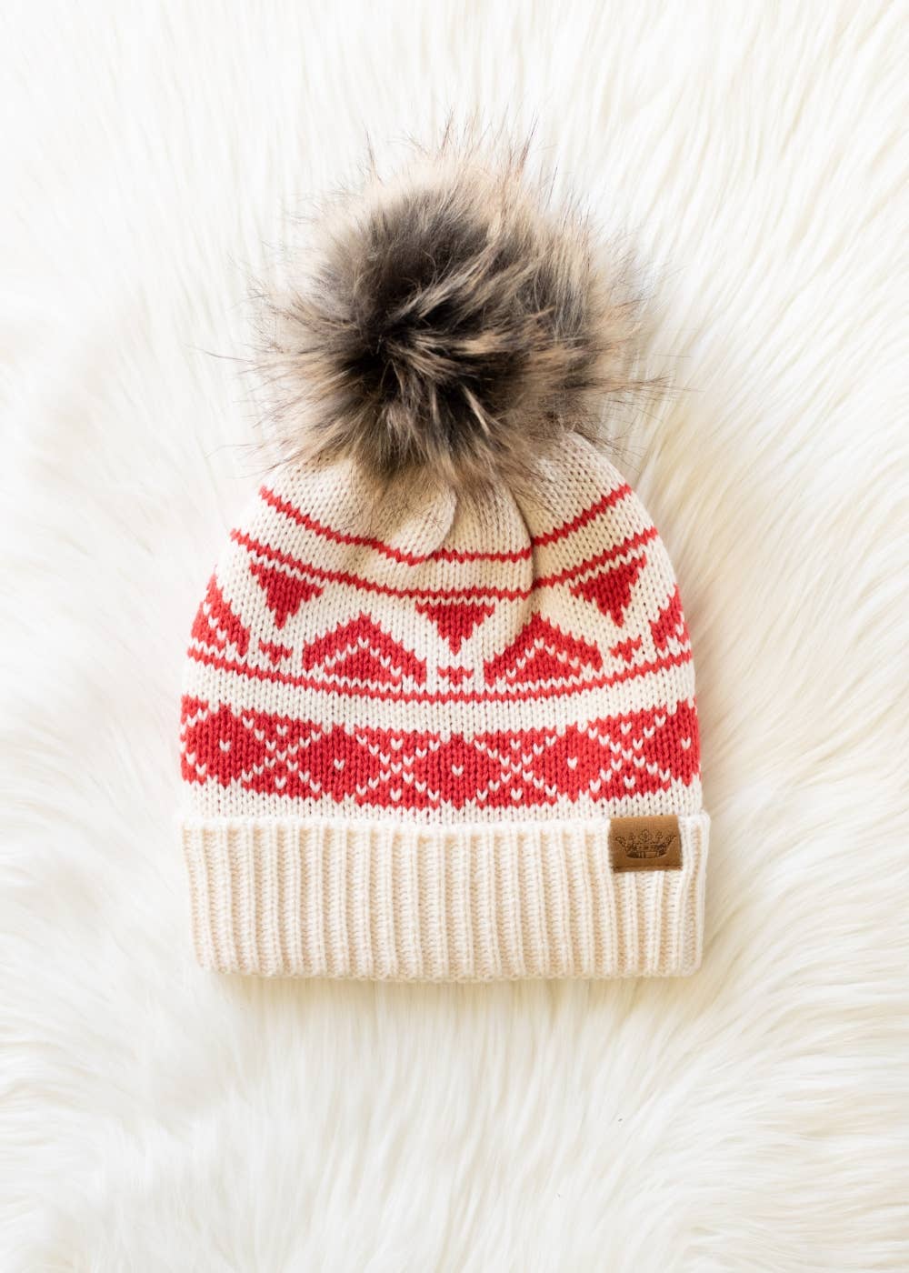 Cream & Red Patterned Pom Hat