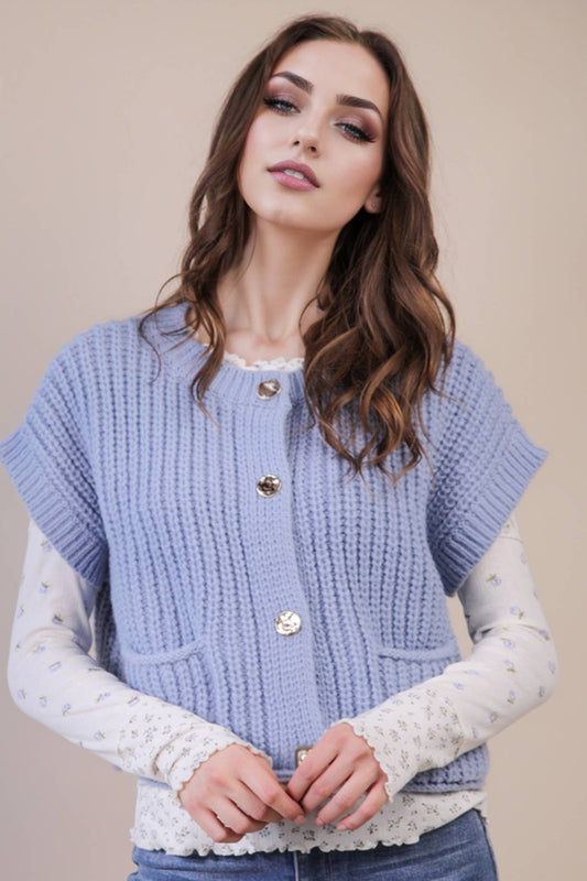 Oversized Button Sweater Top in Blue