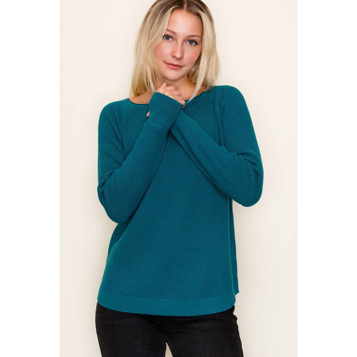 LARGE - Textured Waffle Sweater in Teal