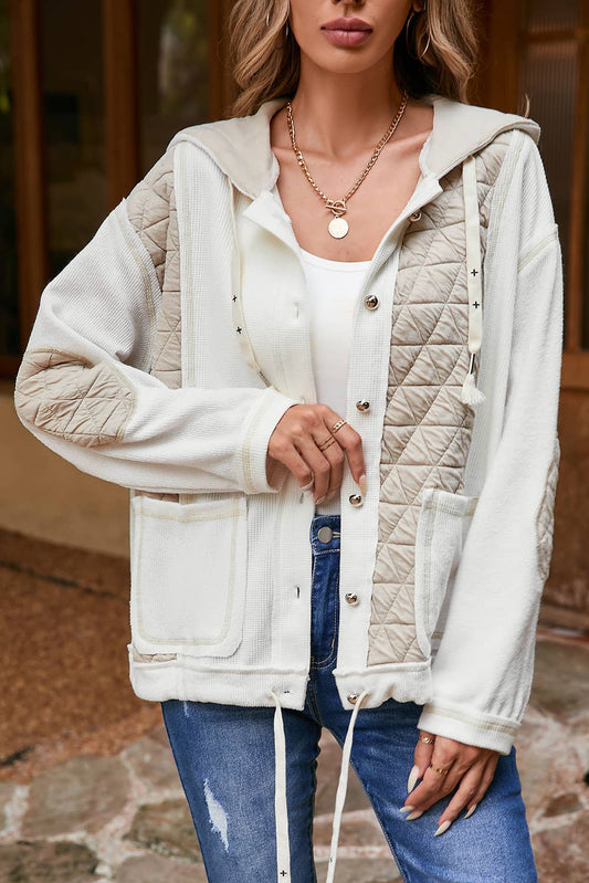 Quilted Patchwork Hooded Jacket in Beige
