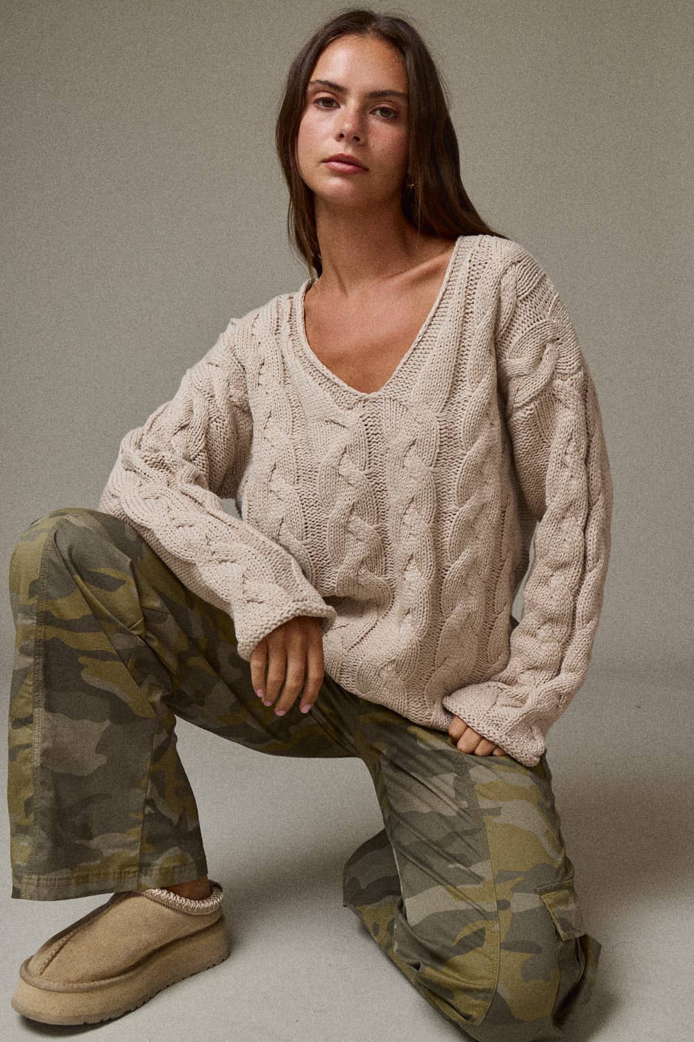 Cable Knit V Neck Sweater in Taupe
