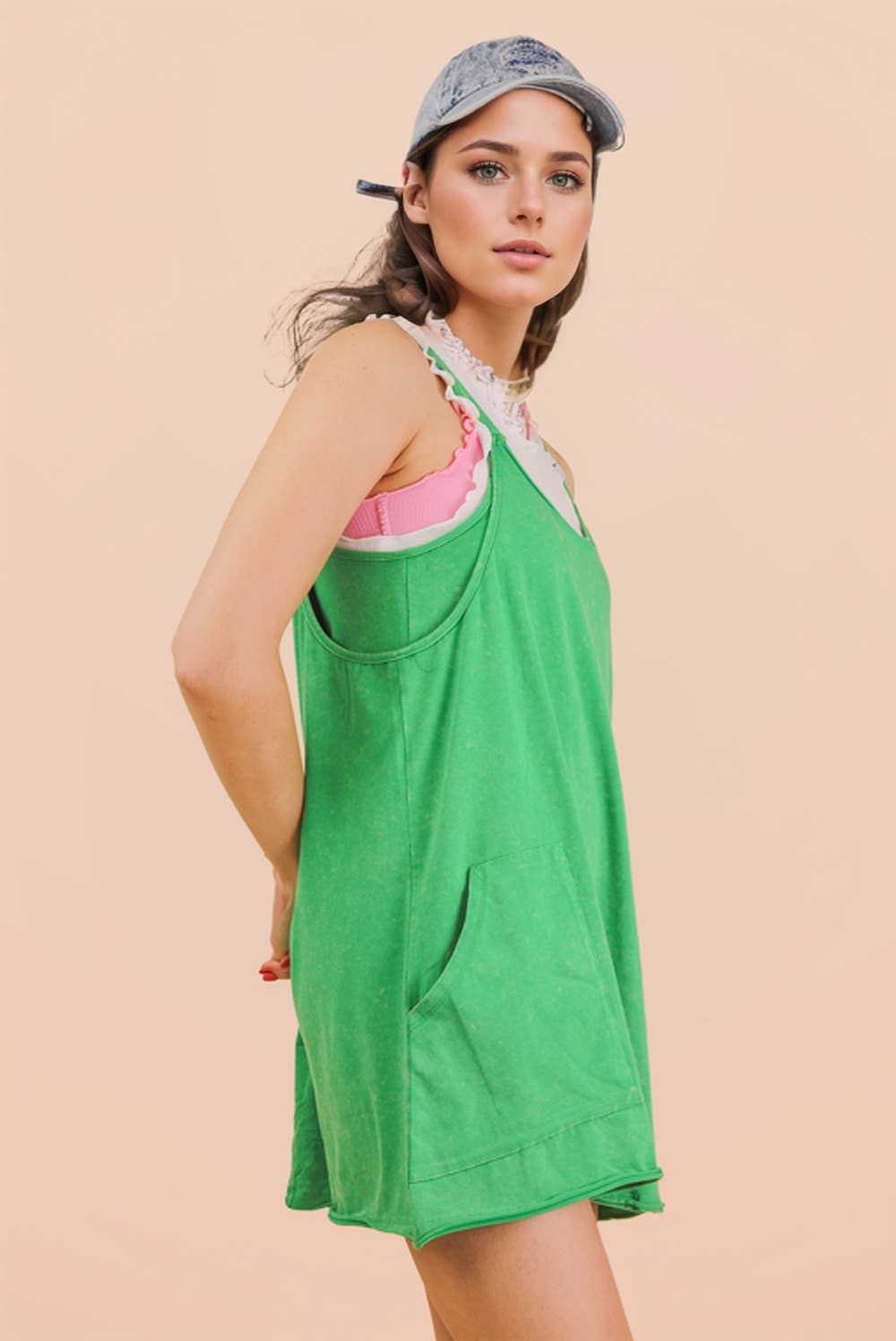 Mineral Washed Mini Dress in Green