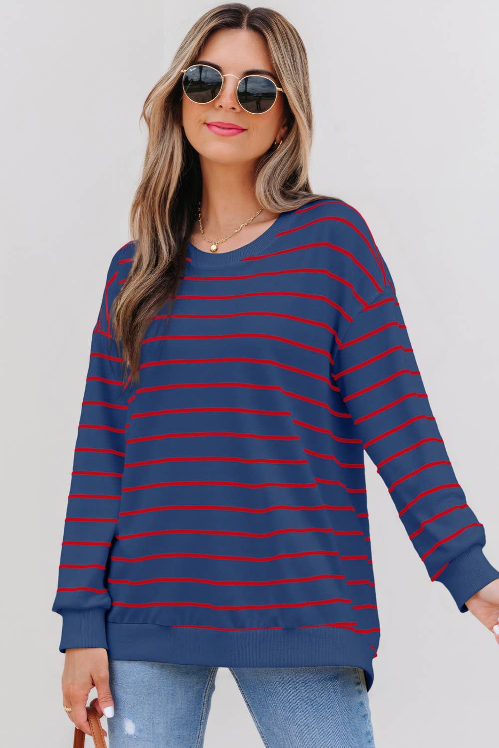 Striped Overlap Loose Pullover in Blue