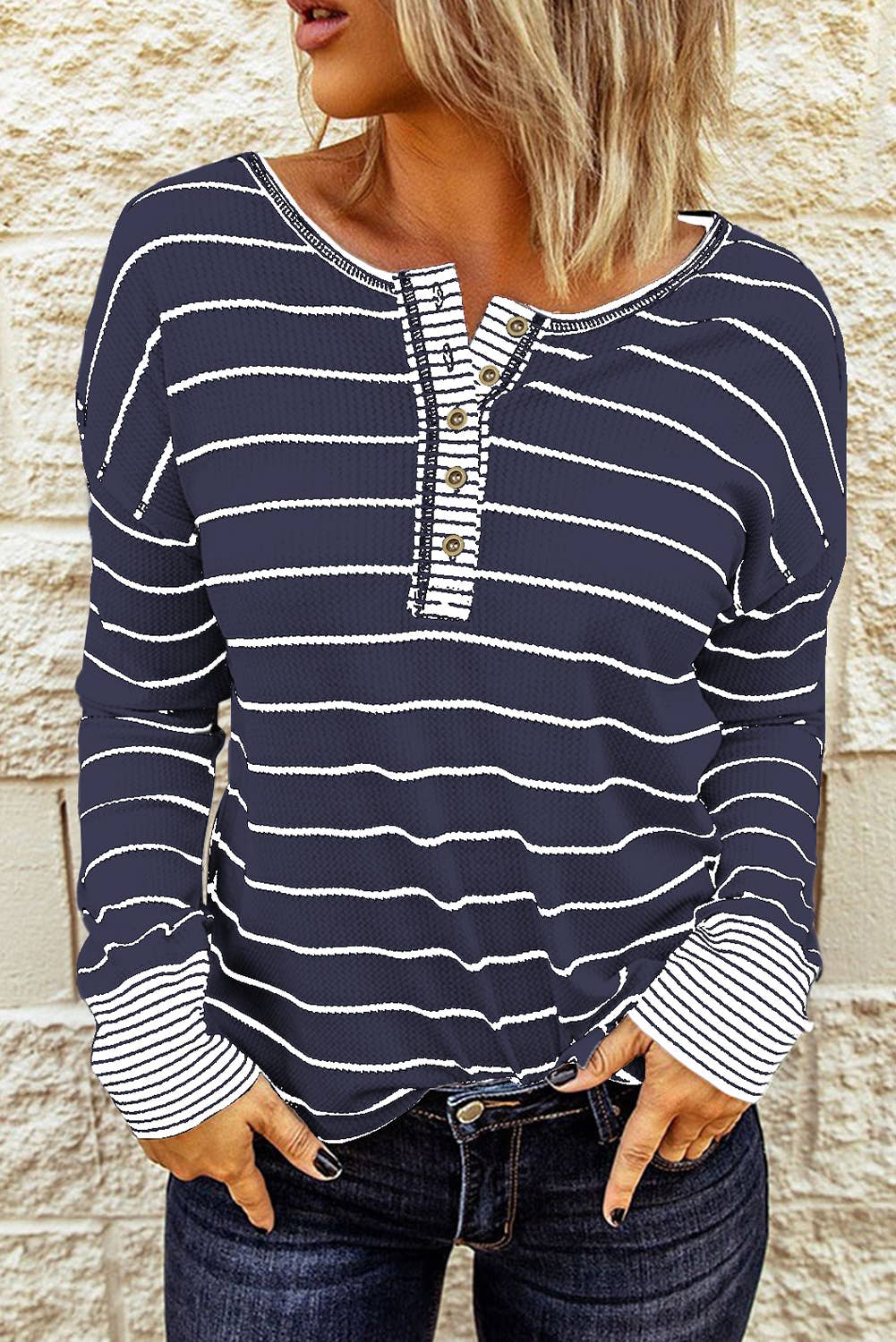 Striped Waffle Button Top in Navy