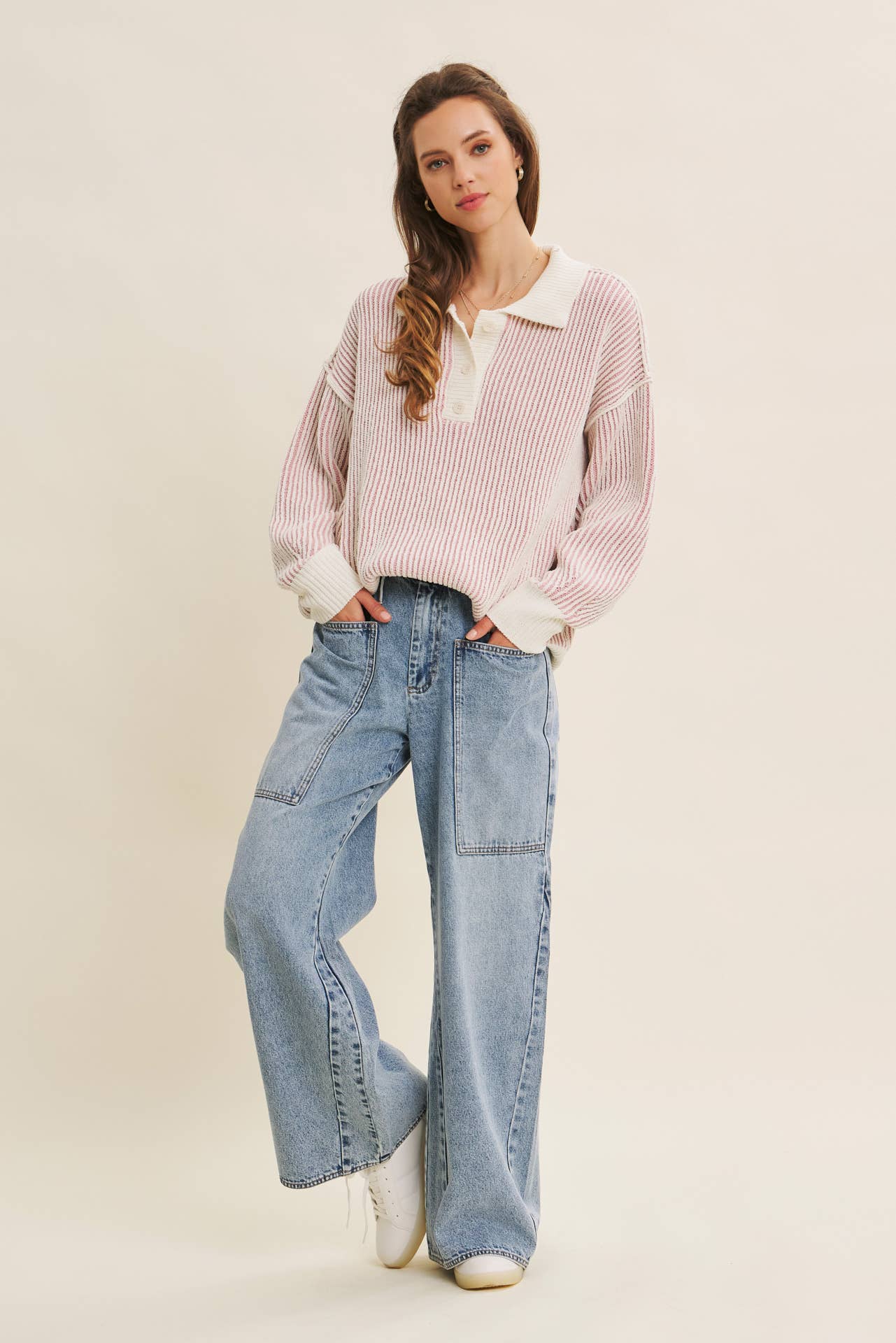 Textured Stripe Henley Sweater in Dusty Pink