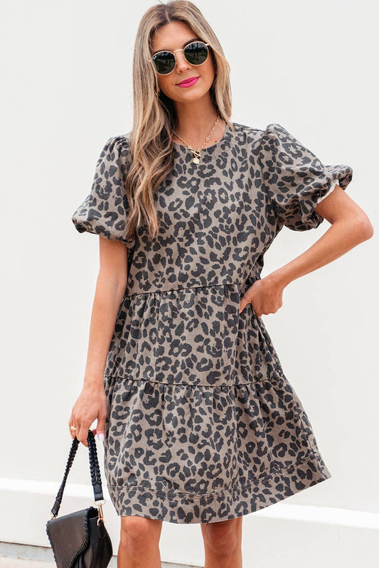 PREORDER - Denim Leopard Puff Sleeve Mini Dress in Brown