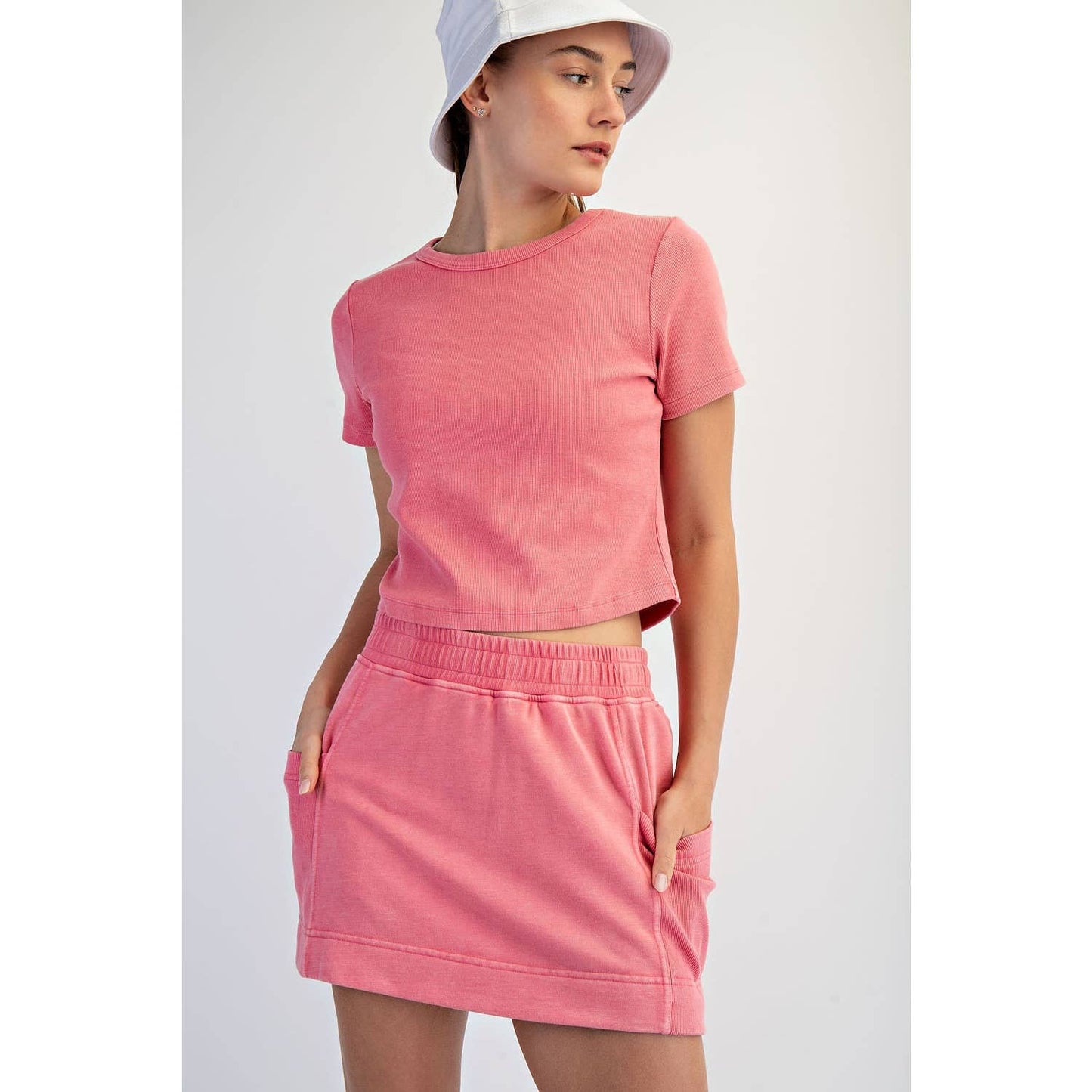 Mineral Wash Ribbed Crop Tee in Pink