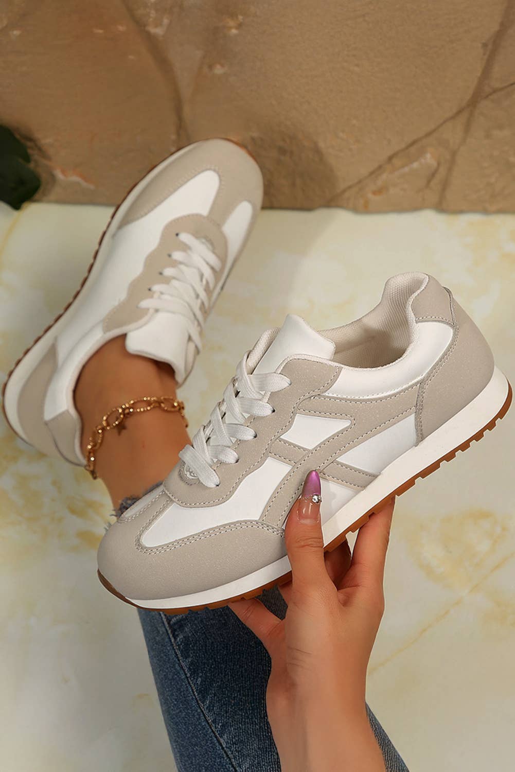 Color Block Lace Up Sneakers in Oatmeal
