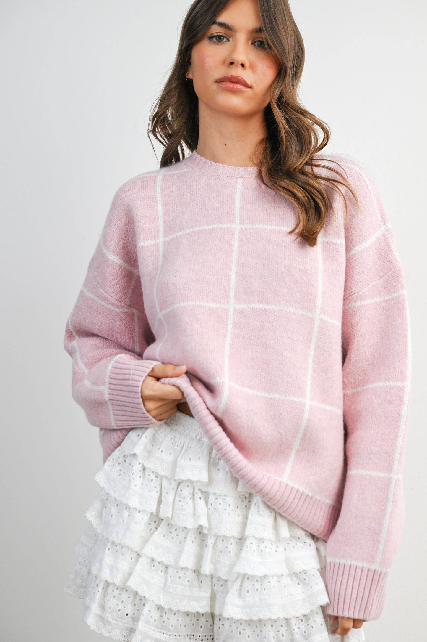 Checkered Knit Sweater in Pink