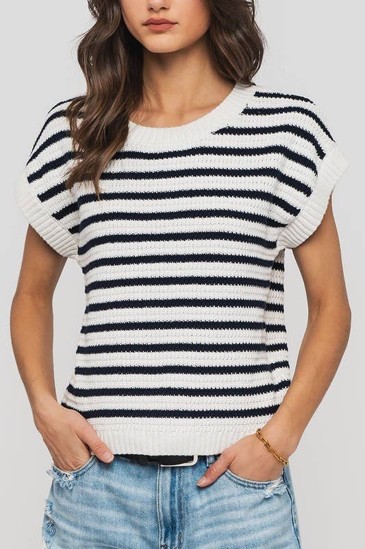 SMALL - Textured Stripe Top with Ribbed Trim in Navy