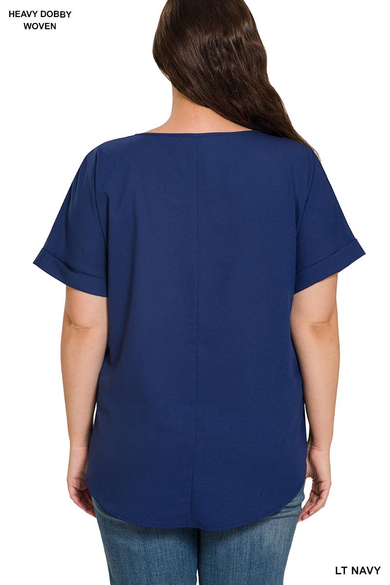 Plus Rolled Sleeve V Neck Top in Navy