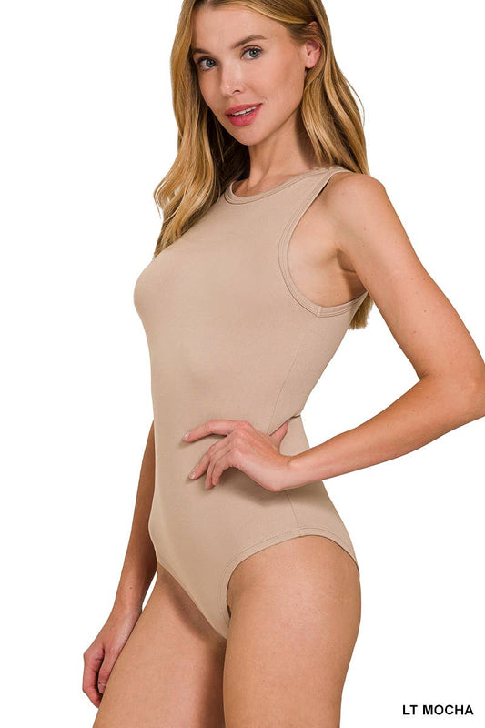 Boat Neck Sleeveless Bodysuit in Light Mocha