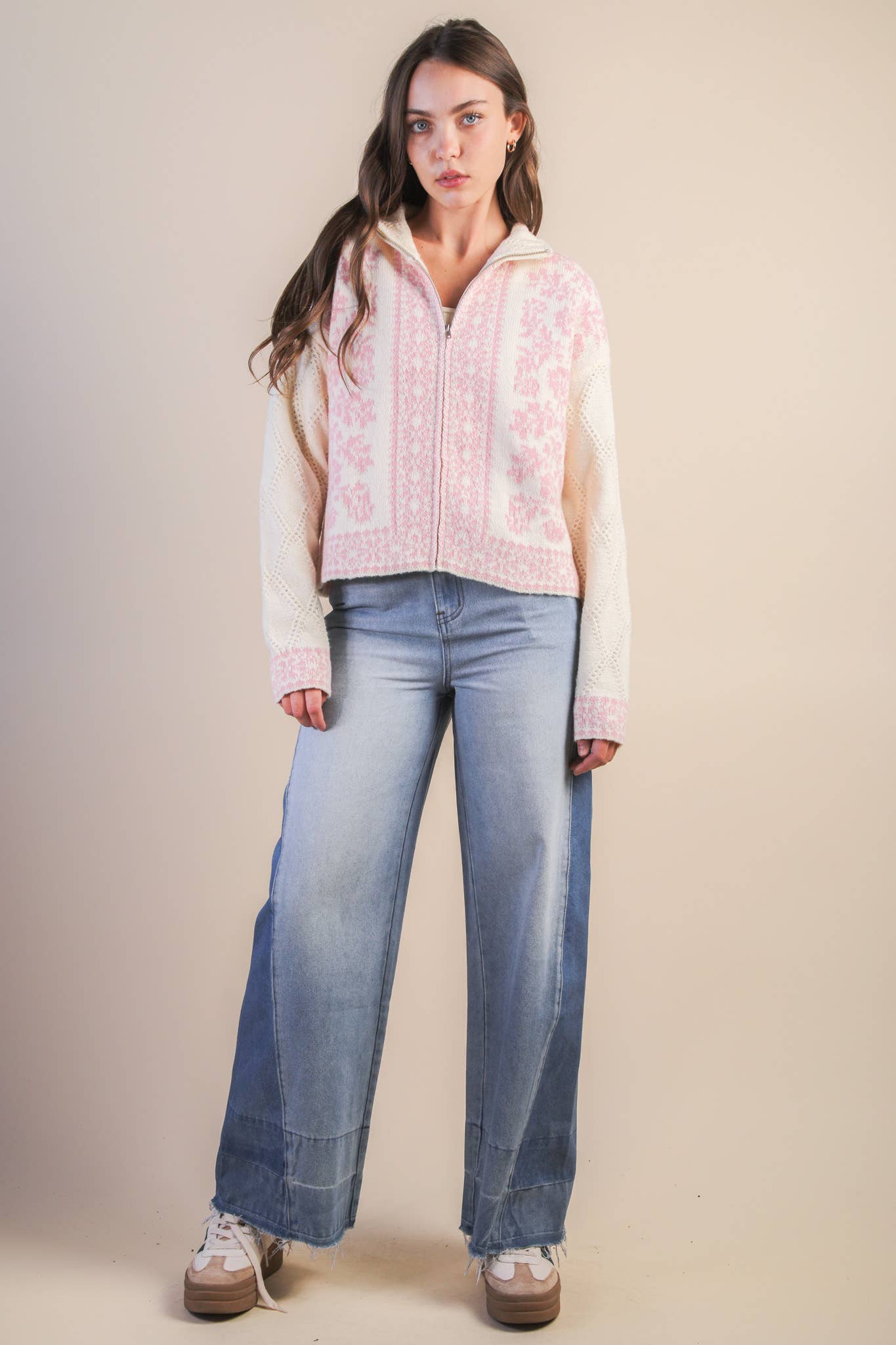 Zip Up Cardigan Sweater in Oatmeal