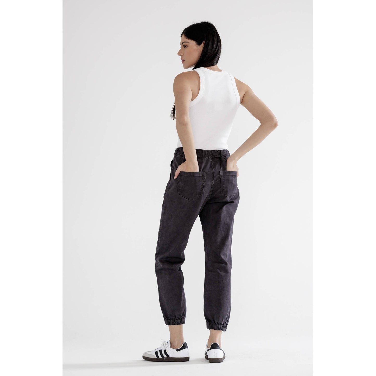 High Rise Cropped Denim Jogger in Charcoal Grey